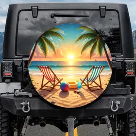 Tropical Beach Sunset Chairs Ocean Palm Trees - Outdoor Adventure Gift Spare Tire Cover