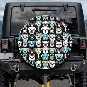 Cartoon Dog Faces Densely Packed Interlocking Black Background - Pet Lover Gift Spare Tire Cover