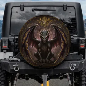 Dark Dragon Purple Wings Golden Crest Ancient Leather - Fantasy Lover Gift Spare Tire Cover