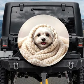 White Maltese Dog Knitted Blanket - Dog Lover Car Decor Gift Spare Tire Cover