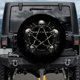 Sinister Pentagram Interlocked Bones Skulls Decayed Drips - Travel Essentials Spare Tire Cover