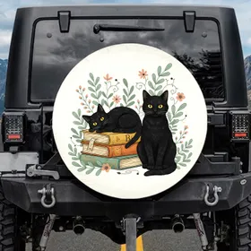 Bright Yellow Eyes Black Cats Antique Books Sage Green Pink Flowers - Outdoor Cat Lover Gift Spare Tire Cover