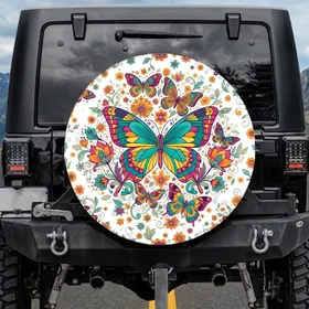 Butterflies Floral Blooms Leaves Tendrils Floral Elements Car Accessory Gift for Butterfly Lovers Spare Tire Cover