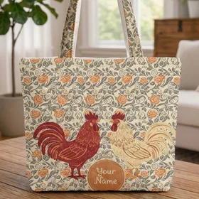 Personalized Folk Art Roosters Floral Name - Everyday Carry Gift Quilted Tote Bag