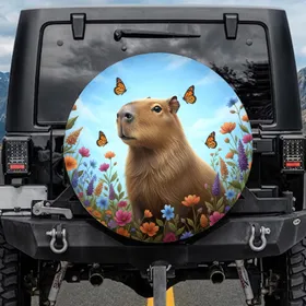Majestic Capybara Wildflower Monarchs - Wildlife Lover Gift Spare Tire Cover