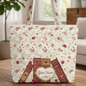 Vintage Book Spines Hearts Roses Heart Cartouche Your Name - Everyday Carry Gift Quilted Tote Bag