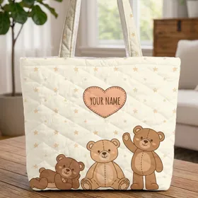 Three Teddy Bears Heart with Your Name - Everyday Carry Gift for Child Quilted Tote Bag