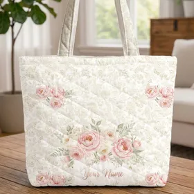 Soft Floral Peonies Roses Ferns Bouquet Wreath Berries Leaves - Everyday Carry Gift Quilted Tote Bag
