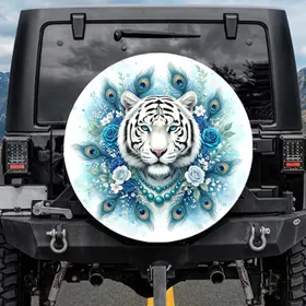 White Tiger Teal Necklace Peacock Feathers Blue Roses - Wildlife Lover Gift Spare Tire Cover