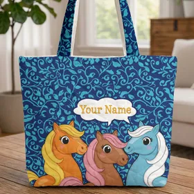 Three Cartoon Horses Floral Vines - Children's Everyday Carry Gift Quilted Tote Bag
