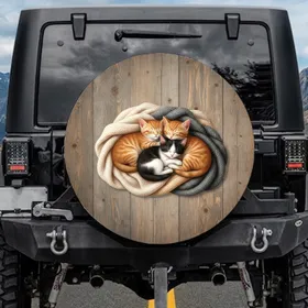 Sleeping Fluffy Kittens Orange Tabby Black White Snuggled - Pet Lover Car Decor Gift Spare Tire Cover