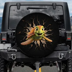 Green Head Orange Shell Sea Turtle Cracked Ground - Ocean Lover Gift Spare Tire Cover