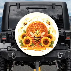 Golden Honeycomb Dripping Honey Plump Bees Sunflowers - Bee Lover Outdoor Style Gift Spare Tire Cover