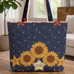 Golden Sunflowers Patriotic Stars Red Stripes Cream Blocks - Heritage Everyday Carry Gift Quilted Tote Bag