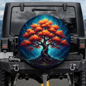 Ancient Tree Gnarled Roots Autumn Leaves Swirling Sapphire Teals - Fantasy Lover Gift Spare Tire Cover