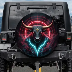 Bull Head Golden Horns Red Eyes Wildlife Lover Gift for Truck Owners Spare Tire Cover