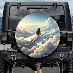 Young Girl Paper Airplane Cloudscape - Boundless Sky Freedom Adventure Decor Gift Spare Tire Cover