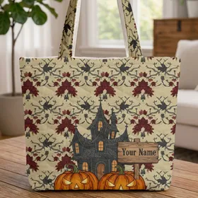 Haunted House Jack-o'-Lanterns Spooky Bats Name Sign - Halloween Carry Gift Quilted Tote Bag