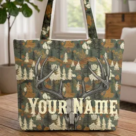 Deer Skull Antlers Woodland Leaves With Name - Everyday Carry Wildlife Lover Gift Quilted Tote Bag