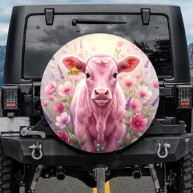 Gentle Pink Calf Floral Meadow - Farmhouse Decor Cow Lover Gift Spare Tire Cover