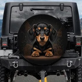 Black Tan Dachshund Puppy with Captivating Eyes - Dog Lover Vehicle Accessory Gift Spare Tire Cover