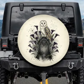 Barn Owl Gothic Gravestone Calla Lilies - Wildlife Lover Car Decor Gift Spare Tire Cover