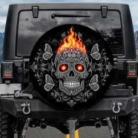 Ornate Sugar Skull Calavera Fiery Flames Monarch Butterfly - Day of the Dead Gift Spare Tire Cover