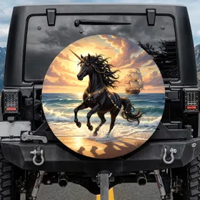 Black Unicorn Ocean Waves Sailing Ship Seascape - Fantasy Lover Gift Spare Tire Cover