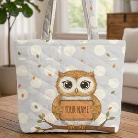 Baby Owl Big Eyes Golden Brown Branch Polka Dot Name Flag - Everyday Carry Gift for Owl Lovers Quilted Tote Bag