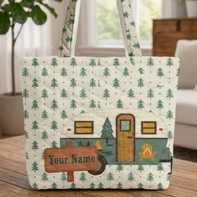 Ornate Vintage Camper Trailer Campfire Adirondack Chair Pine Trees Stars - Travel Essentials Gift Quilted Tote Bag