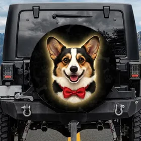 Welsh Corgi Dog Red Bow Tie Paw Print Bones Black Background - Dog Lover Gift Spare Tire Cover
