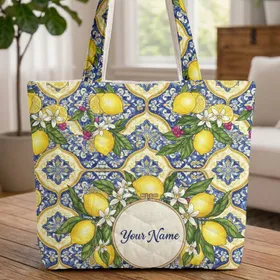 Lemon Blossoms Mediterranean Tile Berry Clusters  Hoop - Everyday Carry Gift Quilted Tote Bag
