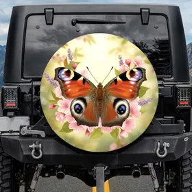 Peacock Butterfly Blue Eyespots Orange Brown Wings Pink Blossom Garden - Nature Gift Spare Tire Cover