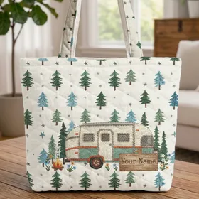 Outdoor Retro Camper Trailer Pine Trees Campfire Wildflowers - Camping Trip Gift Quilted Tote Bag