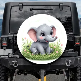 Baby Elephant Purple Eyes Rosy Cheeks Green Grass Flowers White Clouds Wildlife Lover Gift Spare Tire Cover