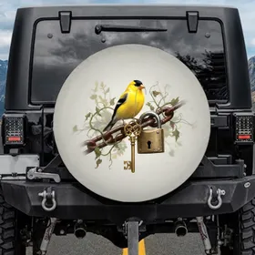 American Goldfinch Golden Key Rusty Chain Weathered Padlock - Wildlife Treasure Gift Spare Tire Cover