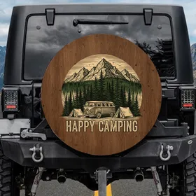 Happy Camping Vintage Camper Van Tents Mountains Forest - Outdoor Adventure Gift Spare Tire Cover