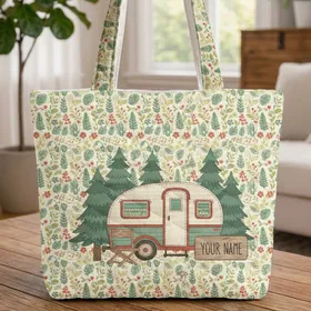 Vintage Camper Pine Trees Wildflower Berries Camping Chair Sign Camping Trip Lifestyle Gift Quilted Tote Bag