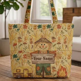 Wooden Sign Camper Van Scarecrow Campfire Wildflowers - Travel Essentials Gift for Camper Lover Quilted Tote Bag