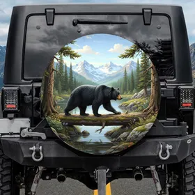 Black Bear Fallen Log Mountain Forest Lake - Wildlife Lover Gift Spare Tire Cover