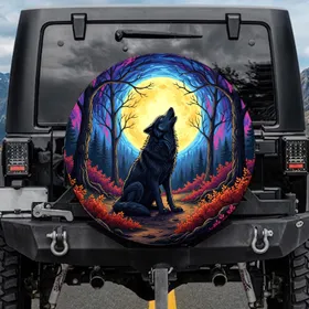 Black Wolf Howling Full Moon Forest - Wildlife Lover Fantasy Art Gift Spare Tire Cover