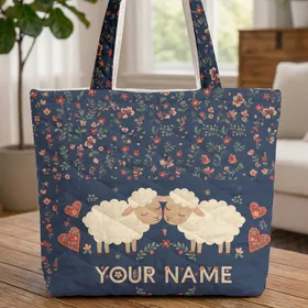 Blushing Sleepy Sheep Folk Art Floral Personalized Name Everyday Carry Gift for Kids Quilted Tote Bag