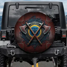 Crossed Norse Battle Axes Runic Shield - Ancient Warrior Car Decor Gift Spare Tire Cover
