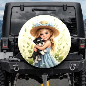 Blonde Girl Miniature Schnauzer Puppy Hydrangea - Dog Lover Gift Spare Tire Cover