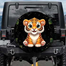 Fluffy Baby Tiger Cub Blue Eyes Jungle Night - Car Decor Gift for Animal Lover Spare Tire Cover