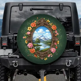 Snowy Mountain Lake Ornate Baroque Frame Wildflowers - Nature Lover Gift Spare Tire Cover