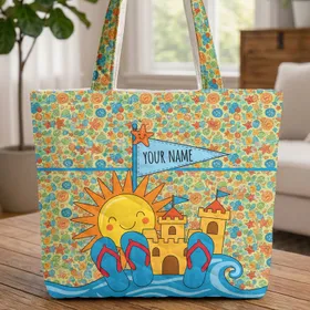 Personalized Name Beach Sun Sandcastle Flip Flops - Everyday Carry Gift Quilted Tote Bag