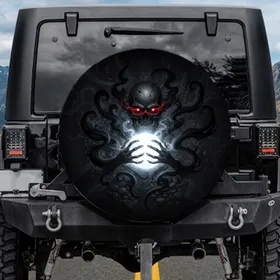 Cracked Skull Glowing Red Eyes Skeletal Hands Energy Orb Dark Smoke Arcane Symbols Ancient Ruins - Fantasy Lover Gift Spare Tire Cover