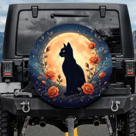 Black Cat Luminous Moon Orange Roses - Gothic Car Decor Gift for Cat Lover Spare Tire Cover