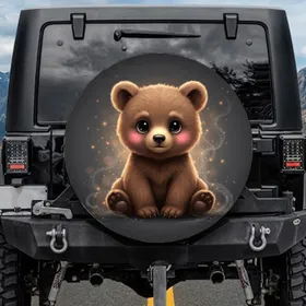 Cuddly Sitting Brown Bear Cub with Glossy Eyes Rosy Cheeks - Wildlife Lover Vehicle Decor Spare Tire Cover